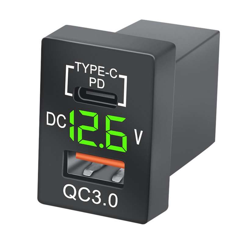 New Charger QC3.0 USB Car Charger Socket PD Type-C Charger with LED Green Digital Voltmeter for New