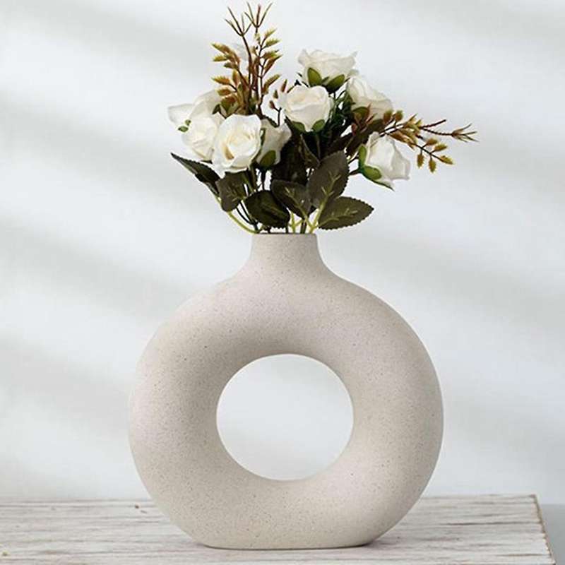 Nordic Ceramic Donut Vase Hollow Handmade Dry Flowers Pot Arts Decoration for Living Room Office Ho