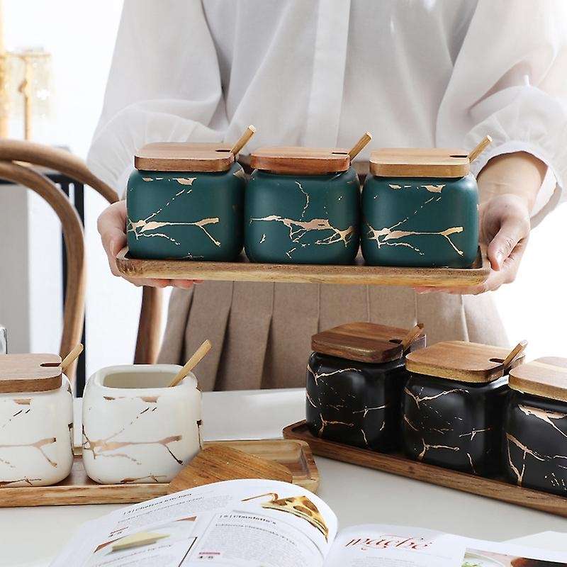 Nordic Matte Marble Ceramic Herbs Cans Spice Jar Some Salty Cans Domestic Herbs Box 3 Set -Black