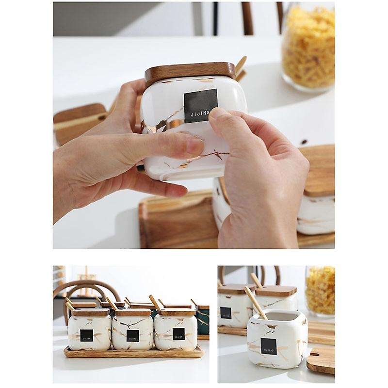 Nordic Matte Marble Ceramic Herbs Cans Spice Jar Some Salty Cans Domestic Herbs Box 3 Set -Black