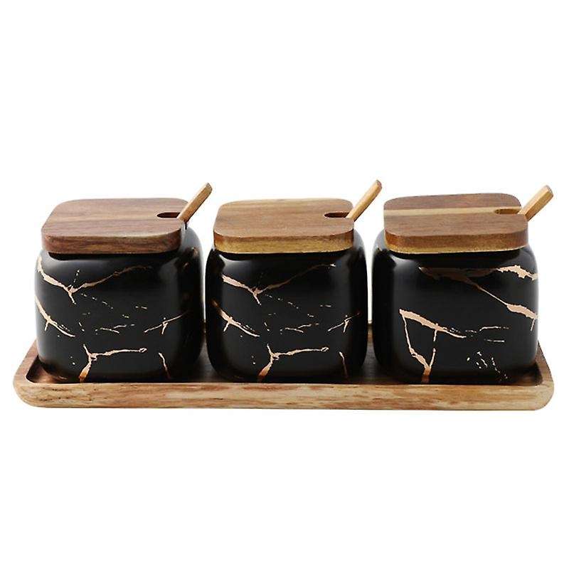 Nordic Matte Marble Ceramic Herbs Cans Spice Jar Some Salty Cans Domestic Herbs Box 3 Set -Black