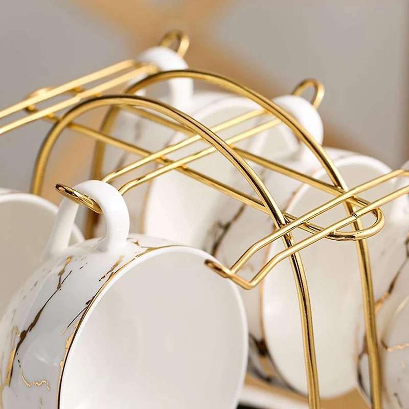Nordic Home Kitchen Tabletop Coffee Mug Holder 6 Cups Stand Gold Metal Cups Holders Rack Drain Orga
