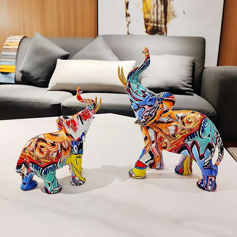 Nordic Painting Graffiti Elephant Sculpture Figurine Colorful Art Elephant Statue Resin Animal Stat