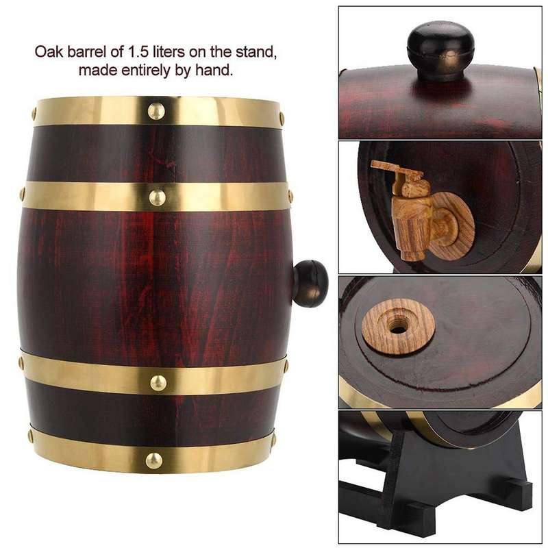 Oak Wine Barrel 1.5L Whiskey Barrel Dispenser for Fine Wine Beer Whiskey Oak Storage Barrel