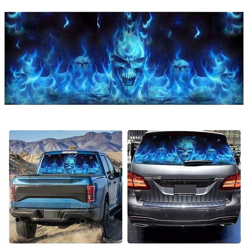 One Way Vision for Truck Suv Pickup Blue Flaming Skull 3D Rear Windshield Decal Sticker Decor Rear