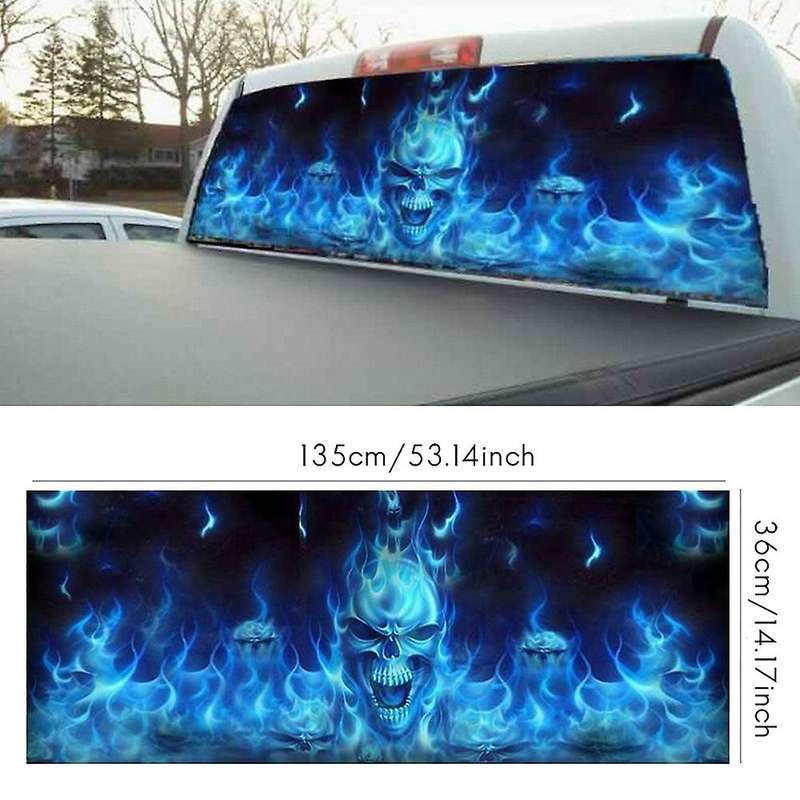 One Way Vision for Truck Suv Pickup Blue Flaming Skull 3D Rear Windshield Decal Sticker Decor Rear