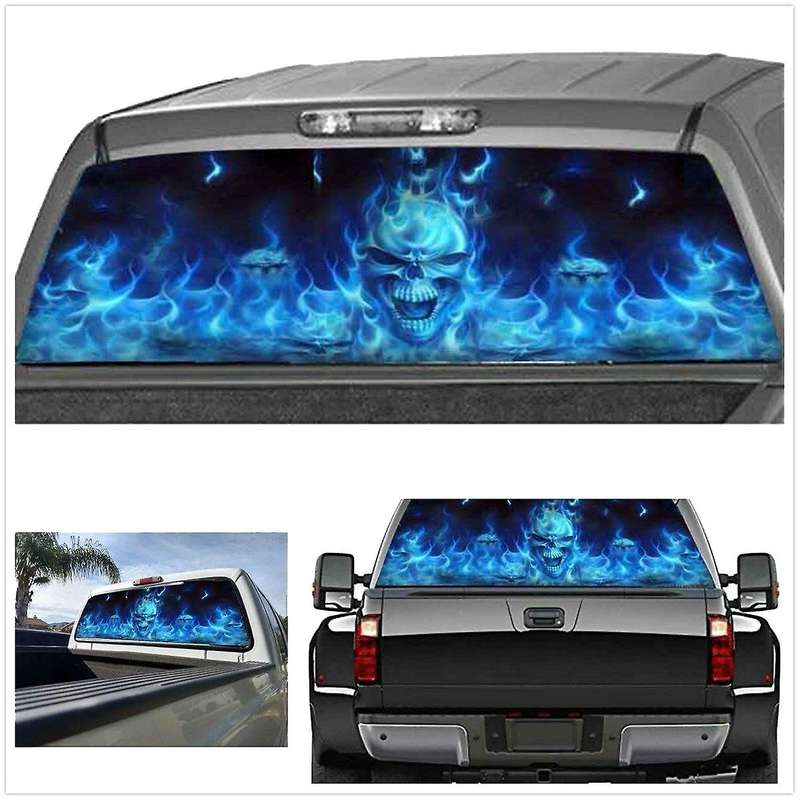 One Way Vision for Truck Suv Pickup Blue Flaming Skull 3D Rear Windshield Decal Sticker Decor Rear