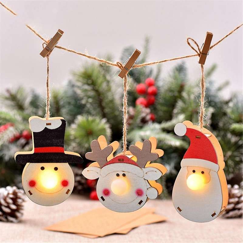 Ornaments Tree Lights Glow Figure Scene Decor -Decor Hanging Light for -Pendants Wooden Cartoon Lumi