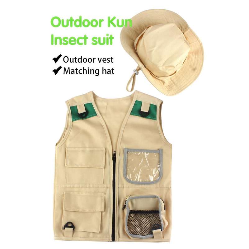 Outdoor Adventure Kit,Young Kid's Khaki Cargo Vest and Hat Comfortable and Durable Explorer Costume