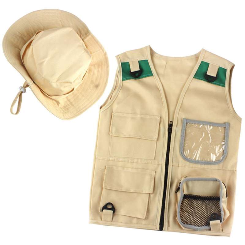Outdoor Adventure Kit,Young Kid's Khaki Cargo Vest and Hat Comfortable and Durable Explorer Costume