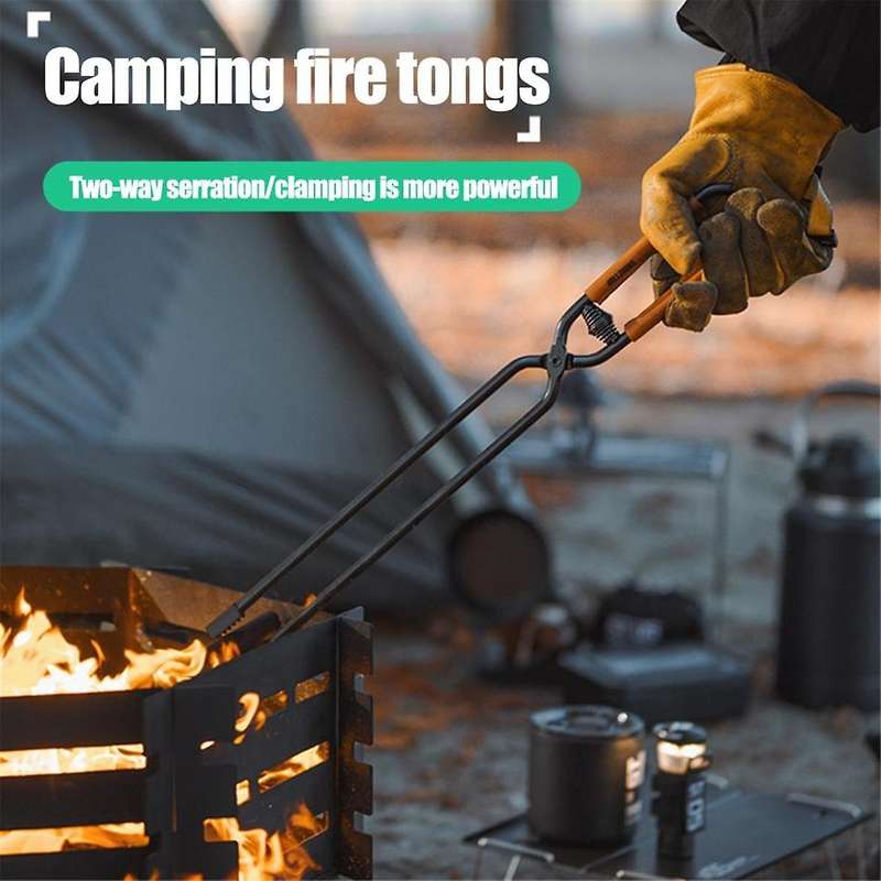 Outdoor Fireplace Tong with Faux Leather Handle Cover Carbon Steel Rustproof Heat Resistant Camping