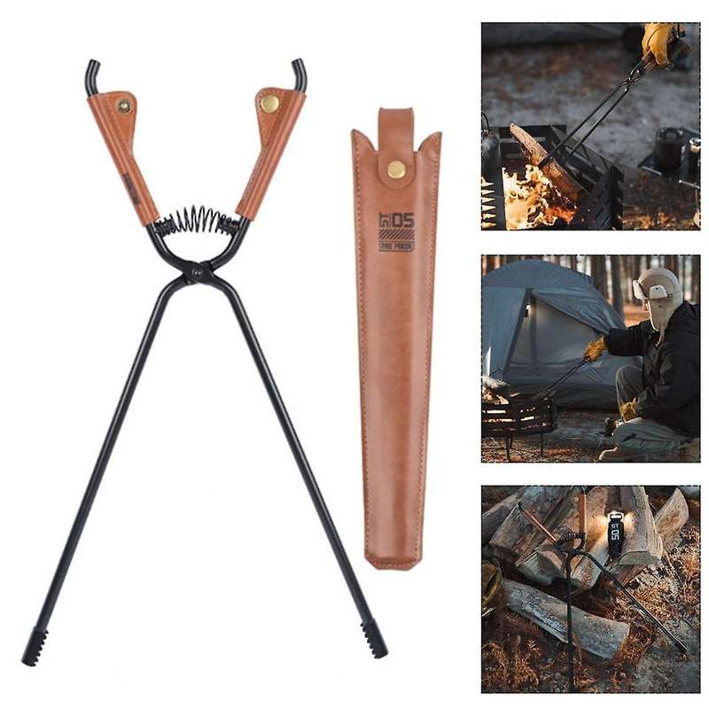 Outdoor Fireplace Tong with Faux Leather Handle Cover Carbon Steel Rustproof Heat Resistant Camping