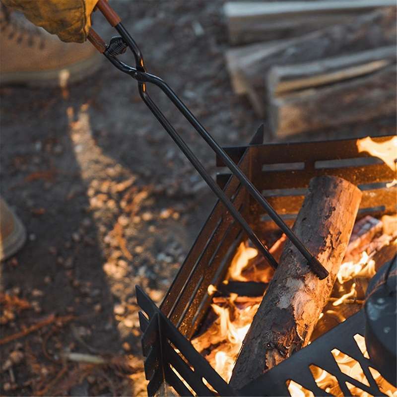 Outdoor Fireplace Tong with Faux Leather Handle Cover Carbon Steel Rustproof Heat Resistant Camping