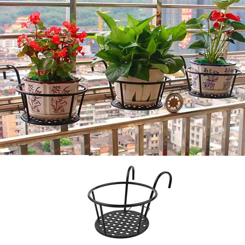 Outdoor Hanging Basket Plant Iron Racks Flower Holder Shelf Fence Balcony Round Flower Pot Decoratio