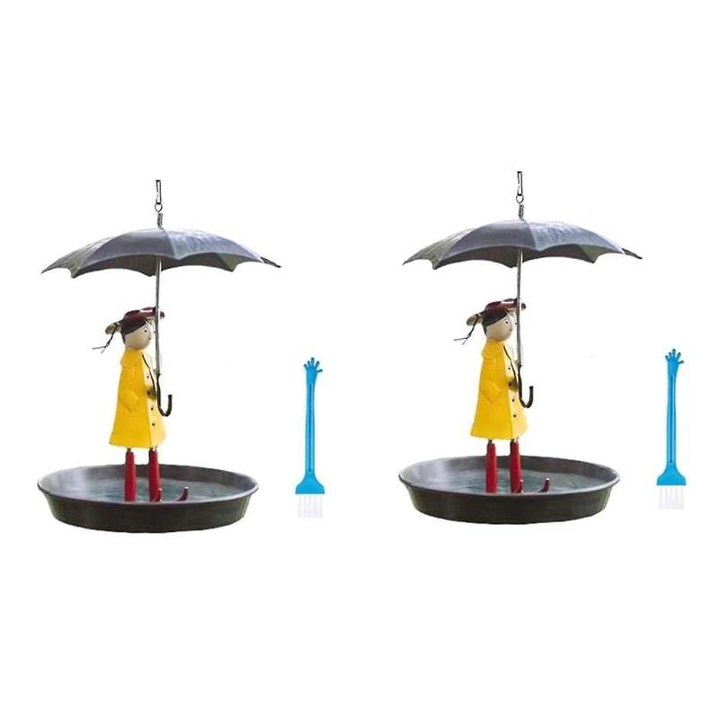 Outdoor Hanging Bird Feeder Set with Metal Chain and Umbrella Girl Shape, Feeder with Brush