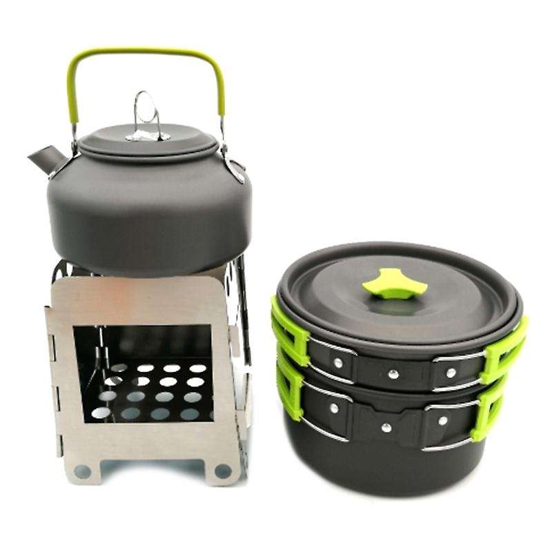 Outdoor Hiking Camping Set Pot Teapot Wood Stove Combination Outdoor Cooking Utensils with Wood Stov