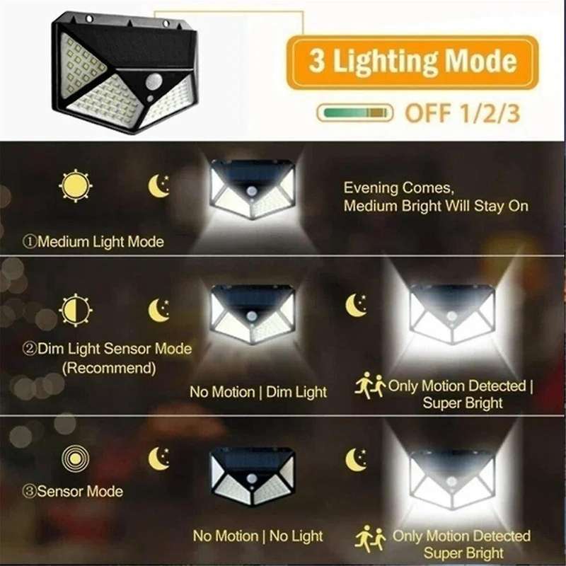 Outdoor Solar Lights 100LEDs Outdoor Solar Lights, Waterproof, Motion Sensor, 3 Lighting Modes