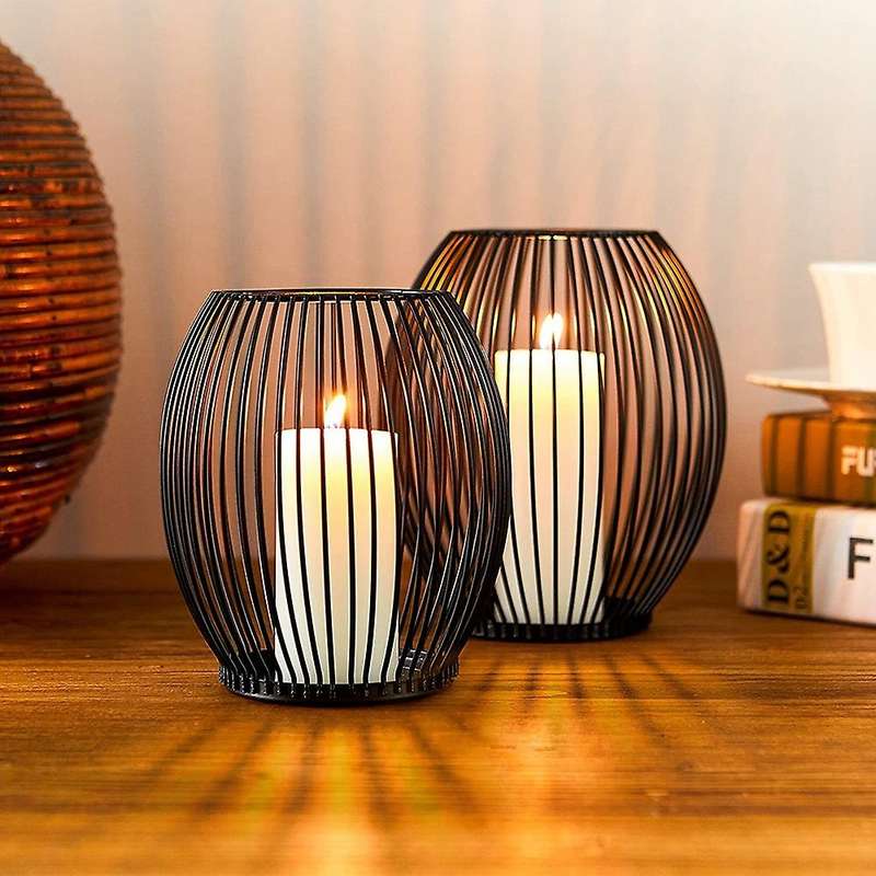 Oval Candle Holder Black Metal Candle Holder Stick Candle Pack of 2 (Medium & Small), Vintage Decora
