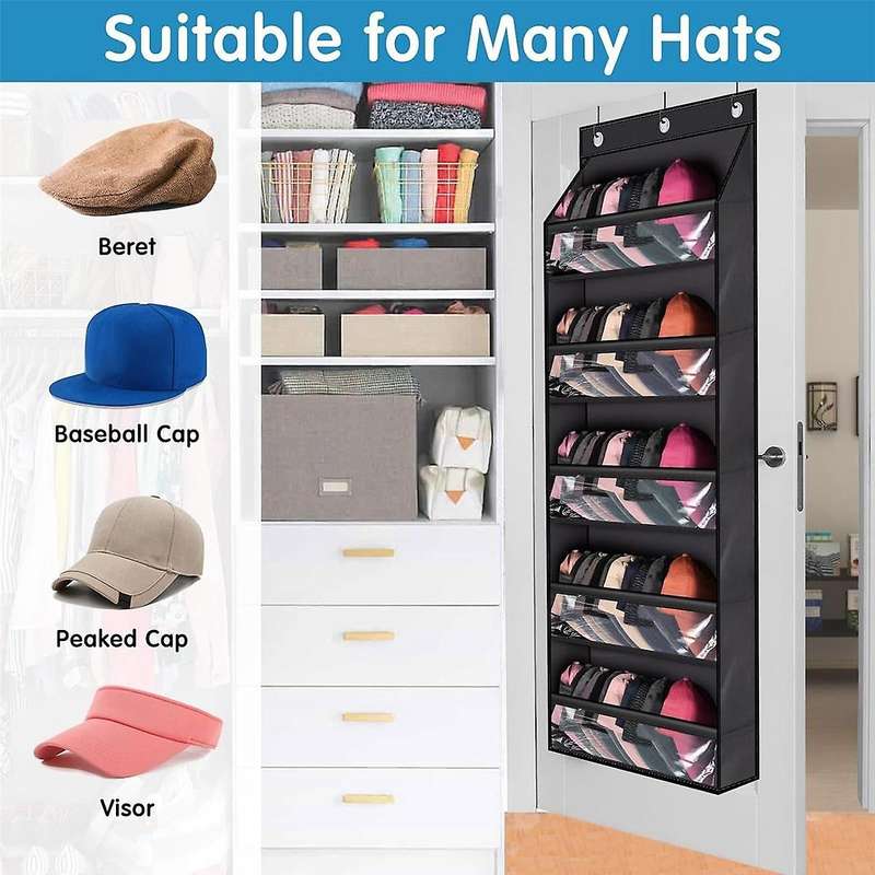 Over Door Hat Racks for Baseball Caps, Clear Deep Pockets Hat Organizer for Closet Or Wall with 3 Ho