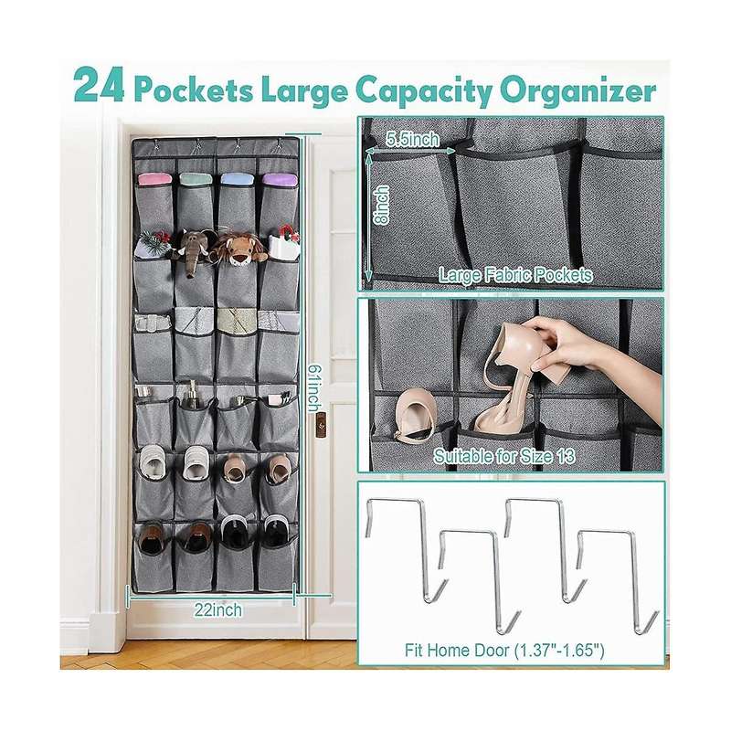 Over The Door Rack with 24 Fabric Pockets for Hanging Closet Holder Storage Men Women -