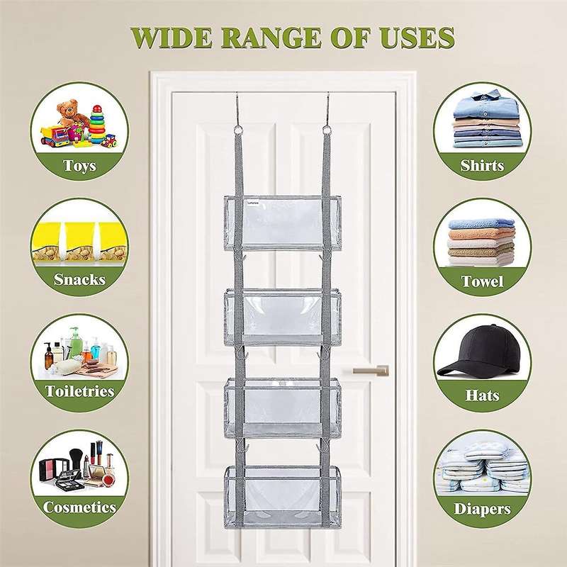 Over The Door Organiser, Pantry Door Organiser, Hanging Shelves Closet Organiser with 4 Clear Pocket