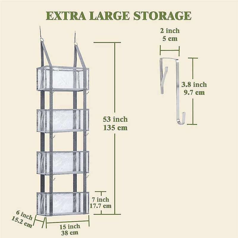 Over The Door Organiser, Pantry Door Organiser, Hanging Shelves Closet Organiser with 4 Clear Pocket