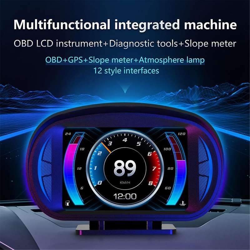 P2 Car Hud Head-up Display Obd Gps Vehicle Speed and Gradient Meter Water Temperature and Fuel Consu