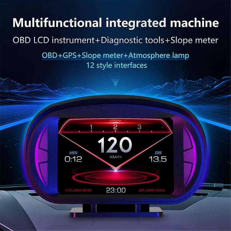 P2 Car Hud Head-up Display Obd Gps Vehicle Speed and Gradient Meter Water Temperature and Fuel Consu