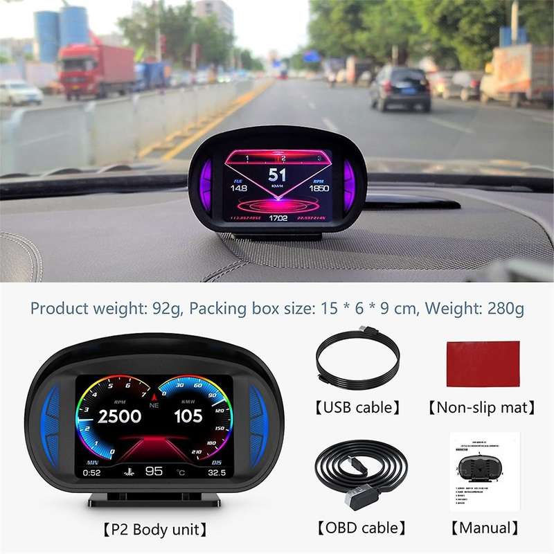 P2 Car Hud Head-up Display Obd Gps Vehicle Speed and Gradient Meter Water Temperature and Fuel Consu