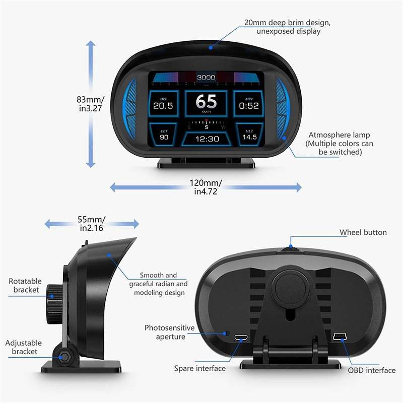 P2 Car Hud Head-up Display Obd Gps Vehicle Speed and Gradient Meter Water Temperature and Fuel Consu