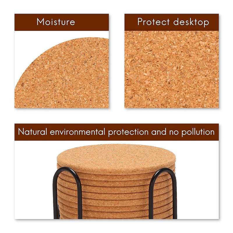 Pack of 12 Absorbent Cork Coasters with Holder, Heat-Resistant Cup Mat Set,Reusable Round Drink Coas