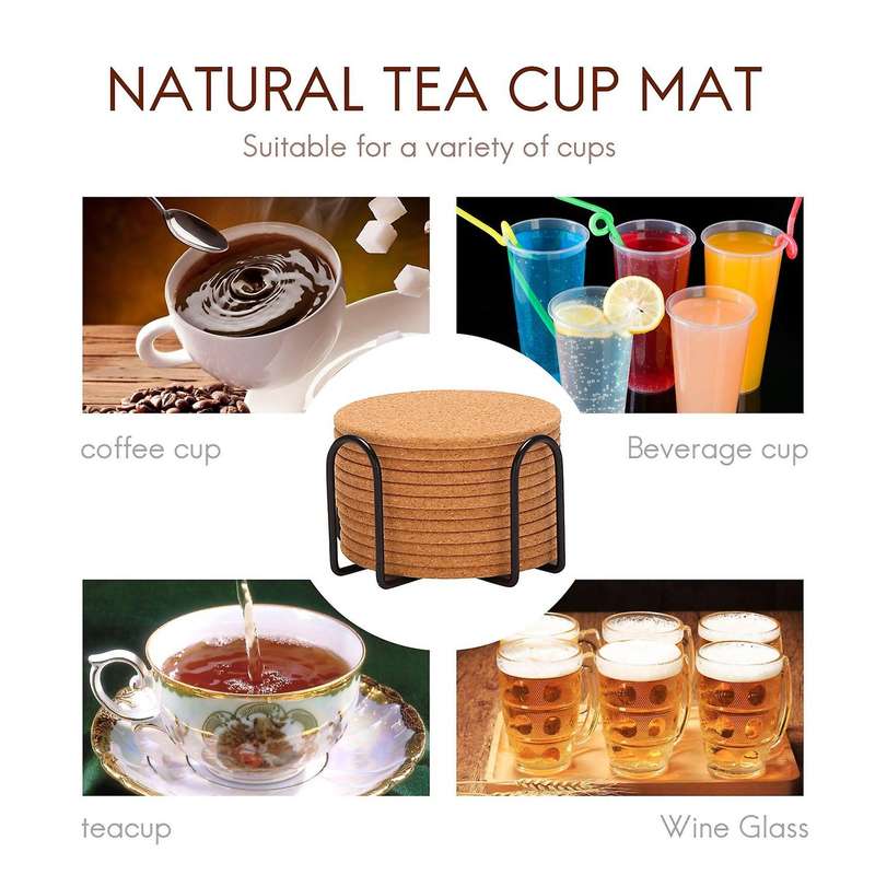 Pack of 12 Absorbent Cork Coasters with Holder, Heat-Resistant Cup Mat Set,Reusable Round Drink Coas