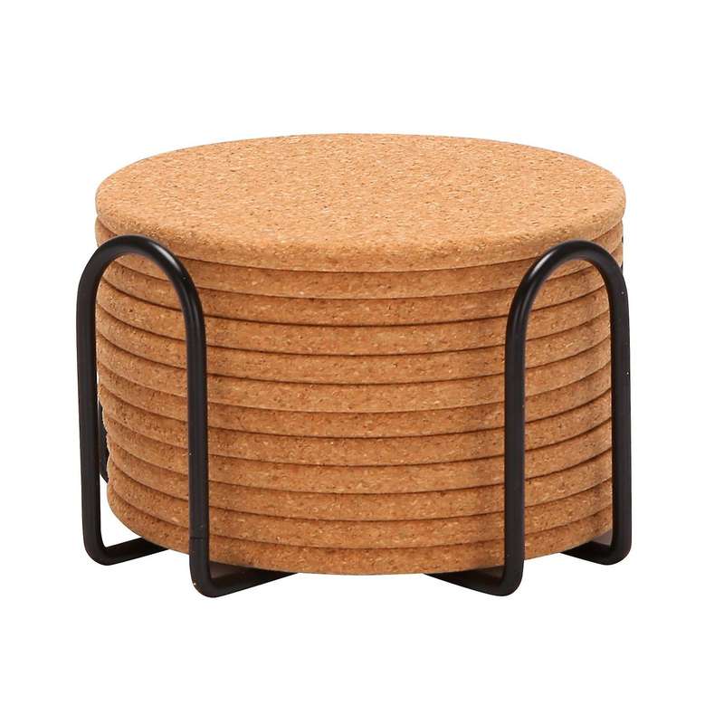 Pack of 12 Absorbent Cork Coasters with Holder, Heat-Resistant Cup Mat Set,Reusable Round Drink Coas