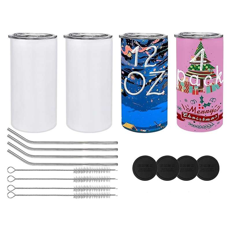 Pack of 4 12 Oz Sublimated Tumblers Blank, Insulated Stainless Steel Water Bottles with Lids and Str