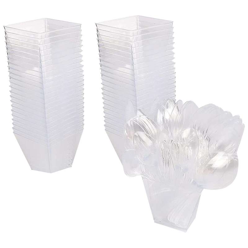 Pack of 50 Dessert Cups with Spoons, 60Ml Dessert Bowls Set, DIY Plastic Dessert Cups, Reusable Trap