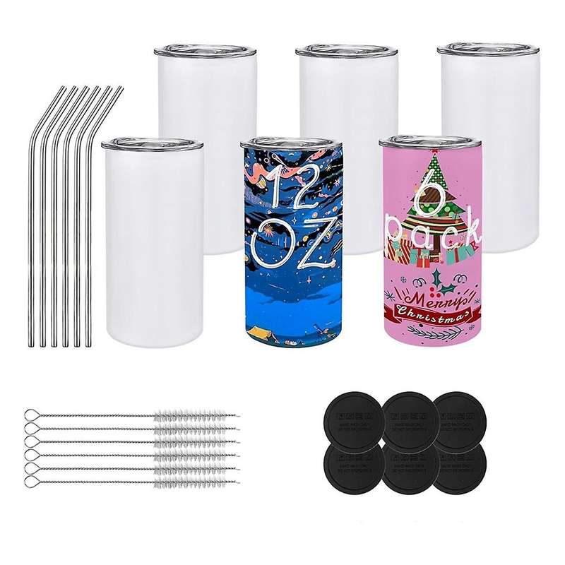 Pack of 6 12 Oz Sublimated Tumblers Blank, Insulated Stainless Steel Water Bottles with Lids and Str