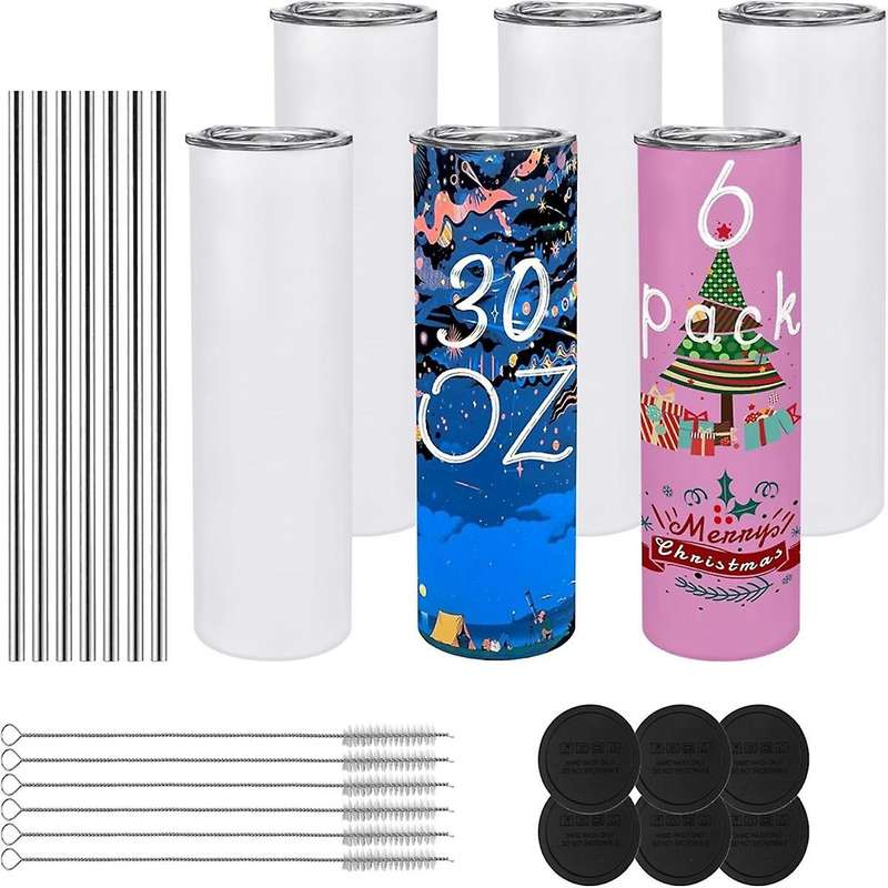 Pack of 6 30 Oz Sublimated Glass Tumbler Blanks with Lid and Straw,Stainless Steel Double Wall Insul