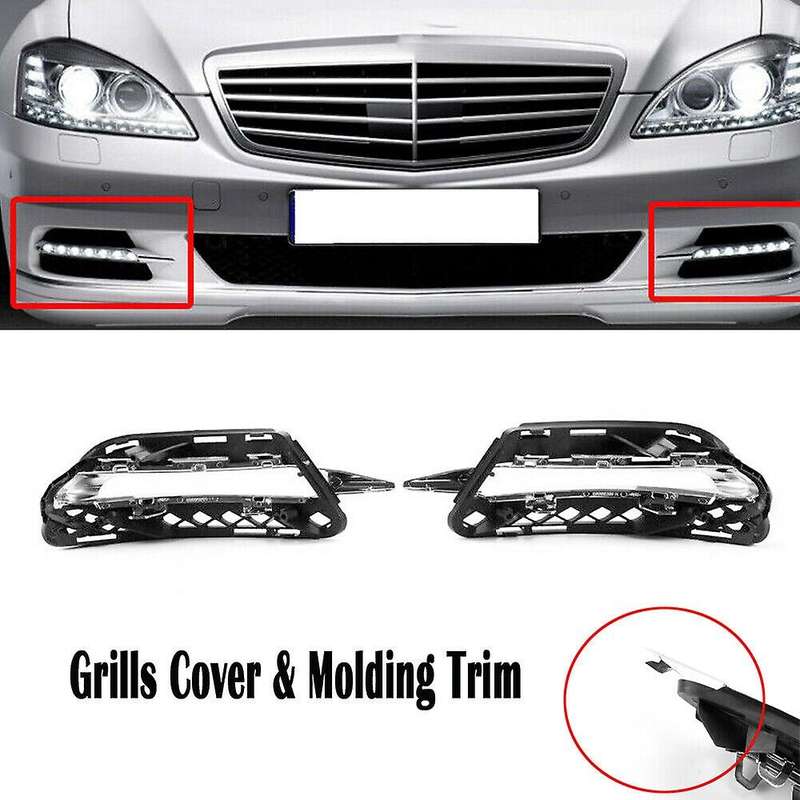 Pair Fog Light Mesh Grills Cover & Molding Trim Chrome for - S-Class W221 2009-2013