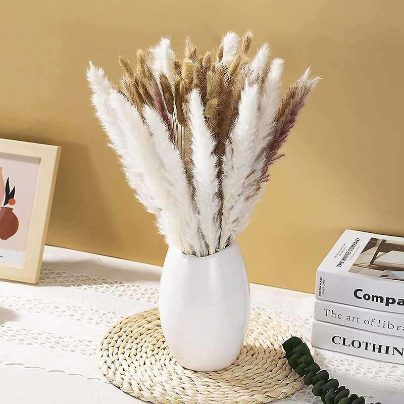 Pampas Grass Decor, 100pcs Natural Dried Fluffy Pompous Grass, 17.5inch Dried Flowers for Boho Home