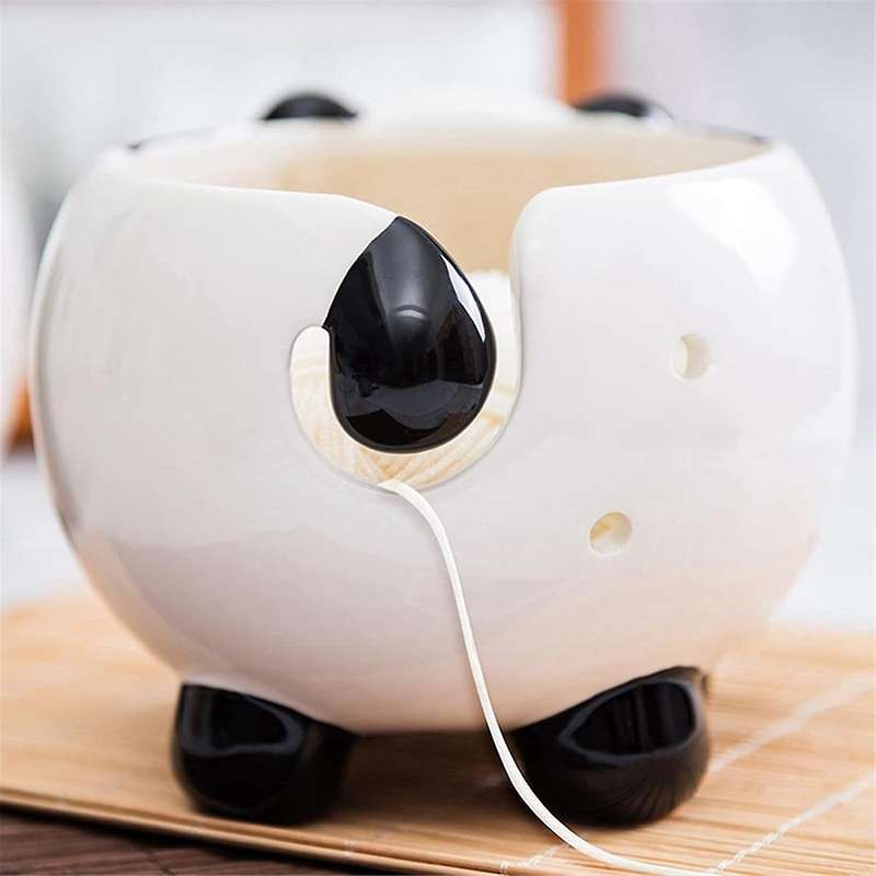 Panda Shape Yarn Bowl, Knitting Wool Storage Basket Round with Holes, Ceramic Glossy Surface Exquisi