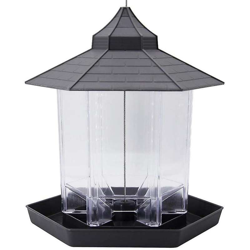 Panorama Bird Feeder, Hexagon Shaped with Roof Hanging Bird Feeder for Garden Yard Decoration (Grey