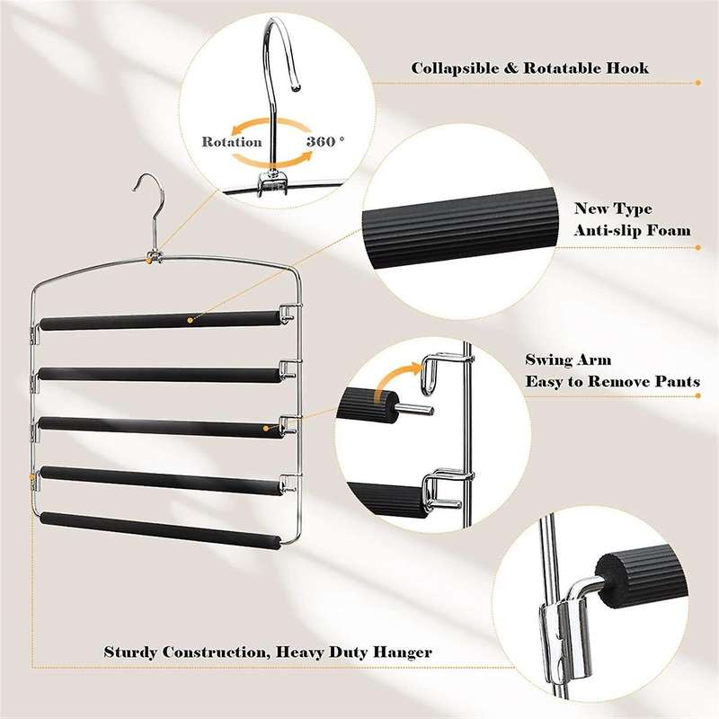 Pants Hangers, Multiple Swing Arm Trousers Rack, 5 Layers Jeans Trousers Closet Organizer for Scarve