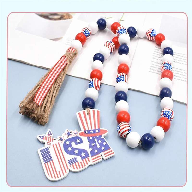 Patriotic Wooden Beads Garland, Stars Bead String Jutes Rope Decor Red White and Blue Garland for H