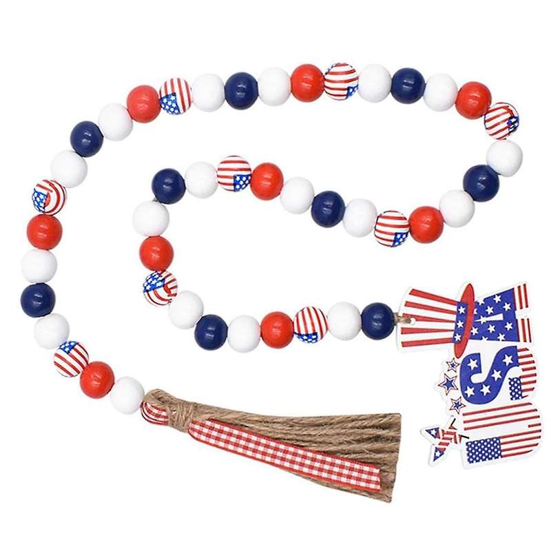 Patriotic Wooden Beads Garland, Stars Bead String Jutes Rope Decor Red White and Blue Garland for H