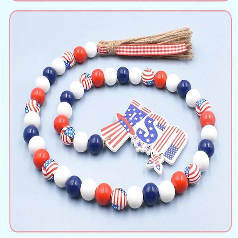 Patriotic Wooden Beads Garland, Stars Bead String Jutes Rope Decor Red White and Blue Garland for H