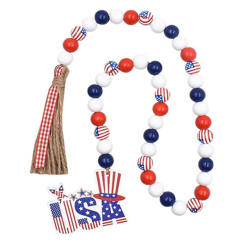Patriotic Wooden Beads Garland, Stars Bead String Jutes Rope Decor Red White and Blue Garland for H