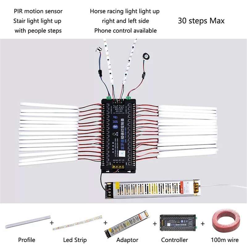 Phone Control Pir Motion Sensor Stair Light Controller DC12V 24V 30 Steps Ladder Led Strip Light Con
