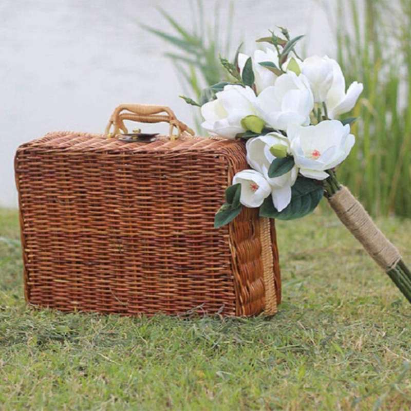 Picnic Basket,Woven Wicker Vintage Suitcase Woven Storage Basket Rattan Storage Case Picnic Weave La