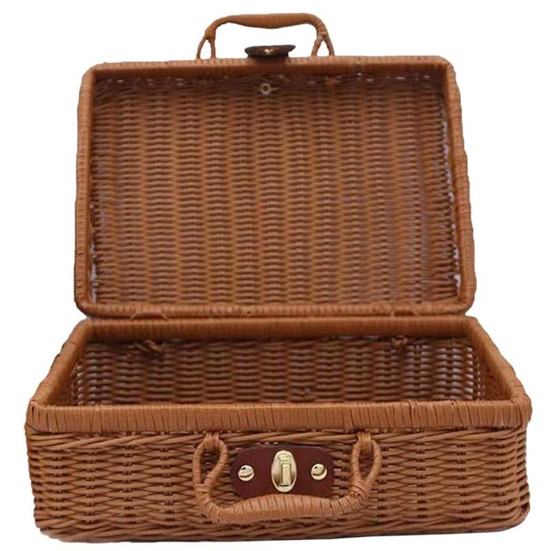Picnic Basket,Woven Wicker Vintage Suitcase Woven Storage Basket Rattan Storage Case Picnic Weave La
