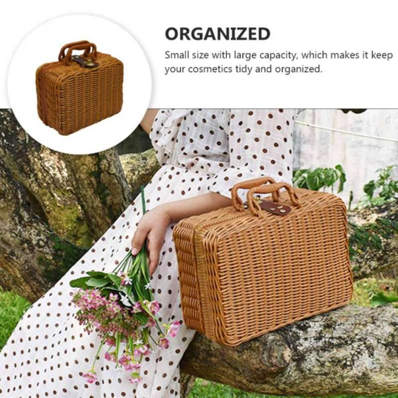 Picnic Basket,Woven Wicker Vintage Suitcase Woven Storage Basket Rattan Storage Case Picnic Weave La